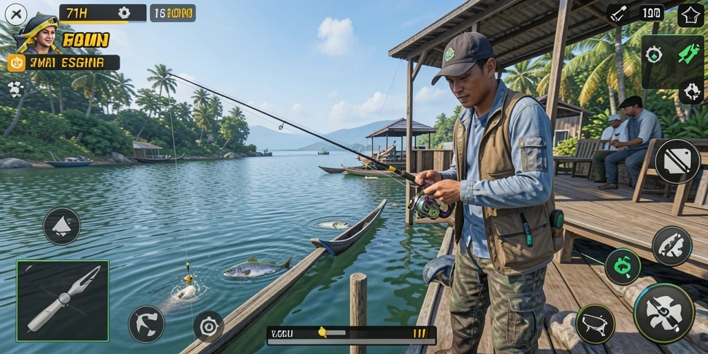 Screenshot gameplay 71H menampilkan aksi memancing yang mendebarkan.