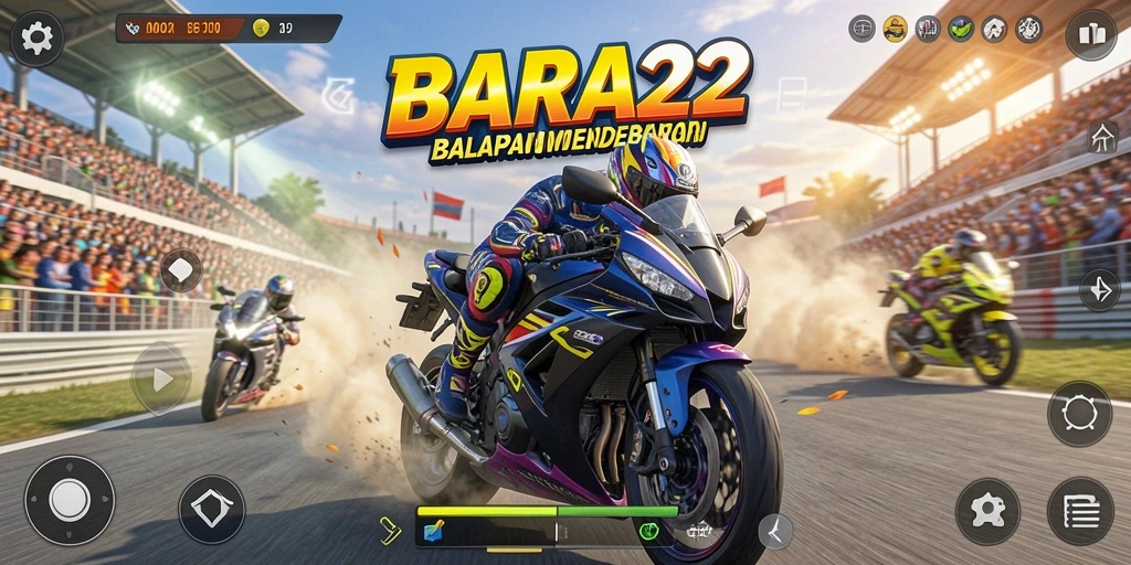 Tampilan gameplay mendebarkan dari BARA22 saat balapan motor.