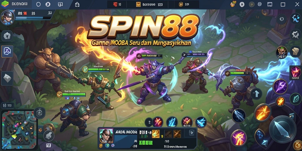 Tampilan gameplay SPIN88 dengan pertempuran seru antar tim MOBA.